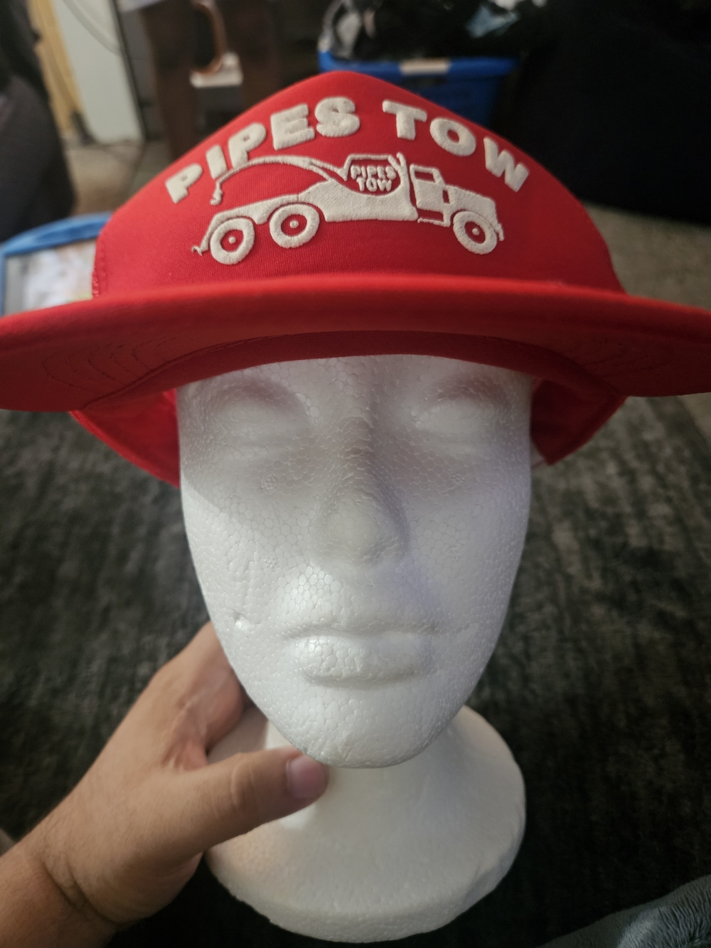 Vtg Mesh Trucker Puffy Foam (Pipes Tow Road One ) SnapBack Red And White